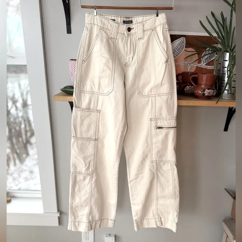 Wild Fable Ecru Ivory Cream High Rise Cargo Pants Wide Leg Denim Jeans Sz 00